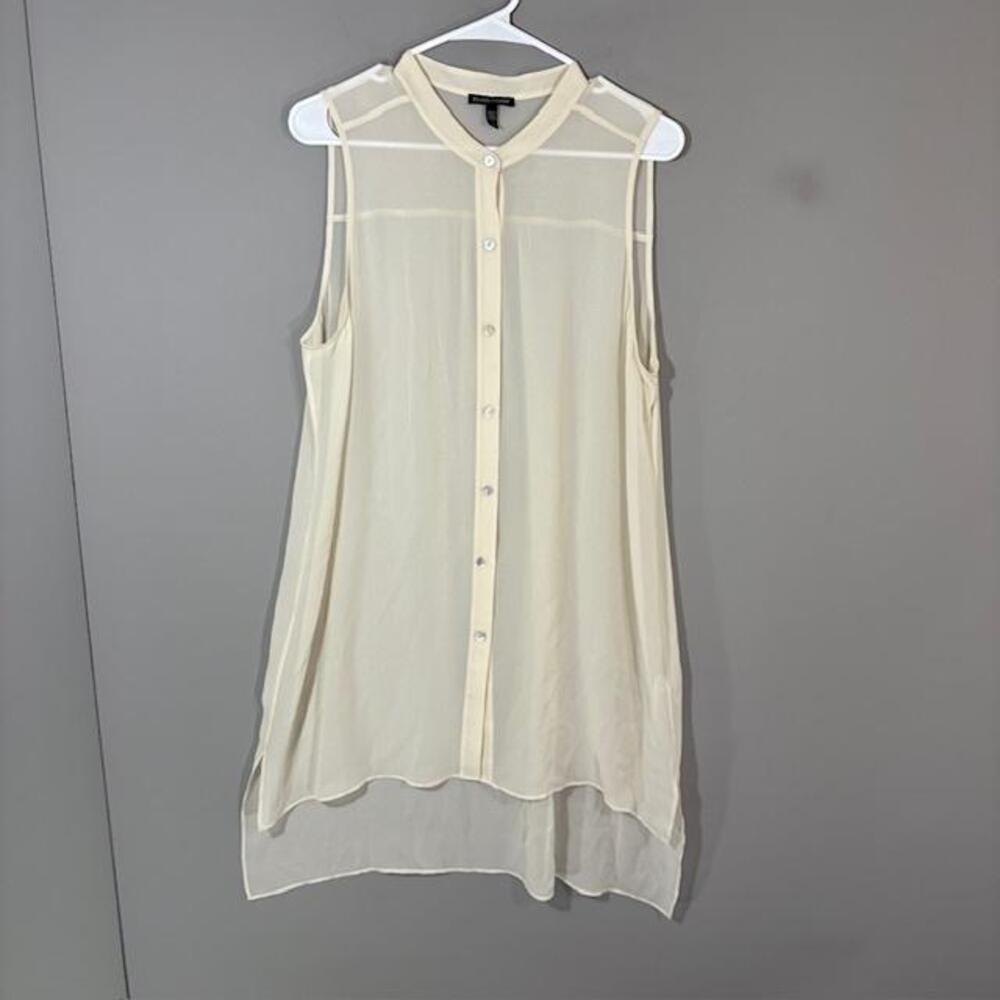 Eileen Fisher Tunic Blouse Womens Large White Solid Collared Sleeveless Silk Top